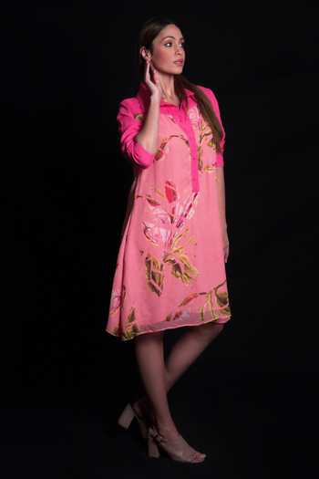 SEESA-Brown balloon dress with floral embroidery