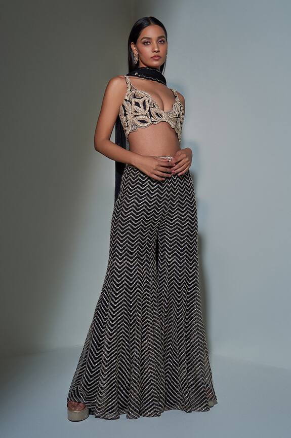 Ritika Mirchandani Black Net Embroidered Bustier And Chevron Pattern Sharara Set 0