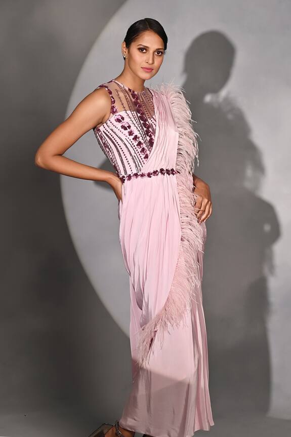 Jyoti Sachdev Iyer Pink Crepe Silk Feathers Embroidered Draped Saree 0
