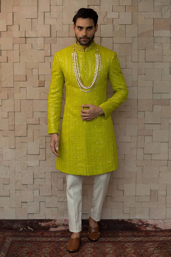 Buy Vikram Phadnis Green Silk Geometric Embroidered Sherwani Set Online ...