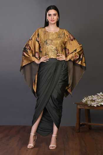 Yellow cape set with embellishment on the cape and the blouse along with a printed dhoti. main image 0