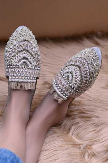 Buy Jutti Express Off White Pu Lace Embroidered Mules Online | Aza Fashions