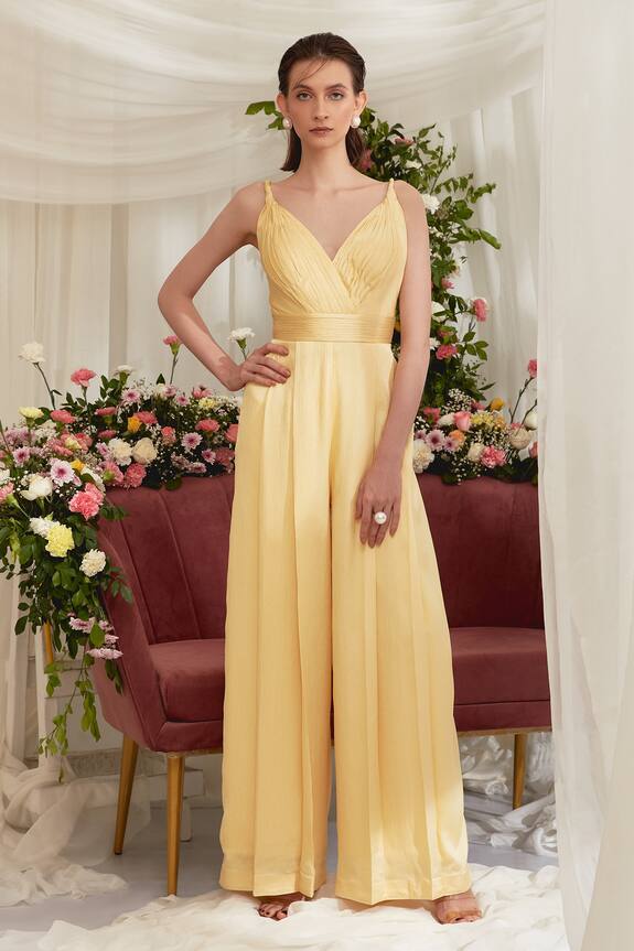 Zosia Yellow Luxury Crushed Satin Hestia Pleated Jumpsuit 0
