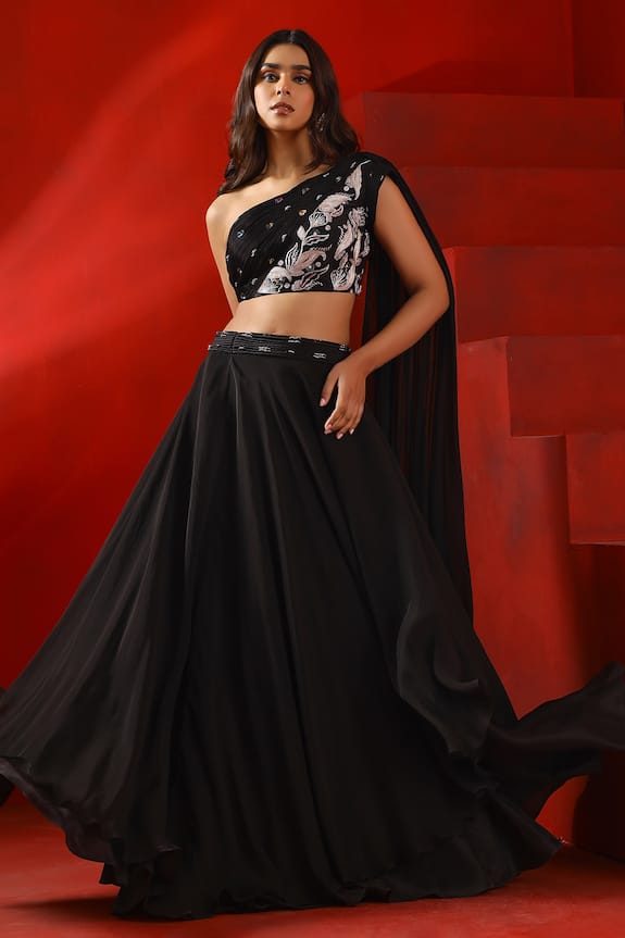 Buy Isha Gupta Tayal Black Crepe Layered Lehenga And Floral Embroidered ...