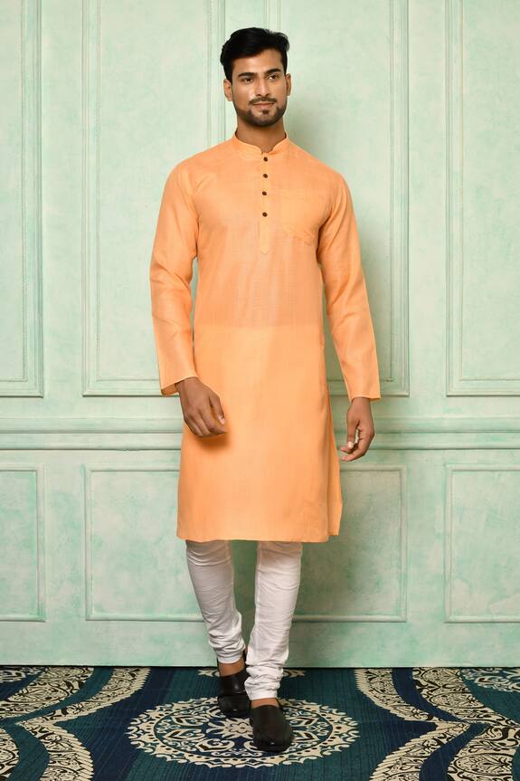 Nazaakat by Samara Singh Peach Cotton Mandarin Collar Straight Kurta Set 0