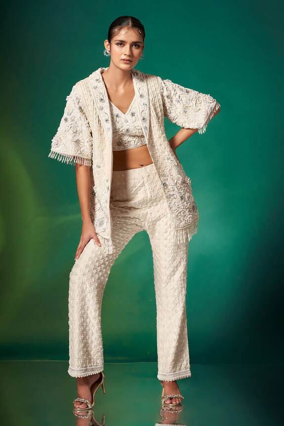 Buy Stotram Ivory Floral Embroidered Organza Jacket And Pant Set Online Aza Fashions