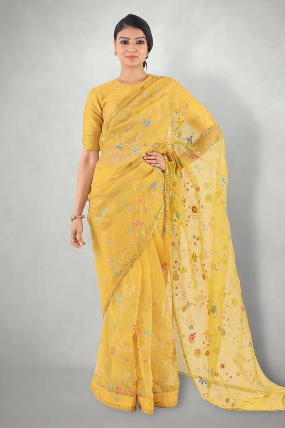 I am Design Yellow Silk Organza Embroidered Saree 1
