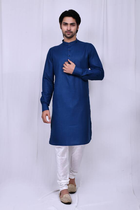 Buy Nazaakat by Samara Singh Blue Art Silk Solid Mandarin Collar Kurta