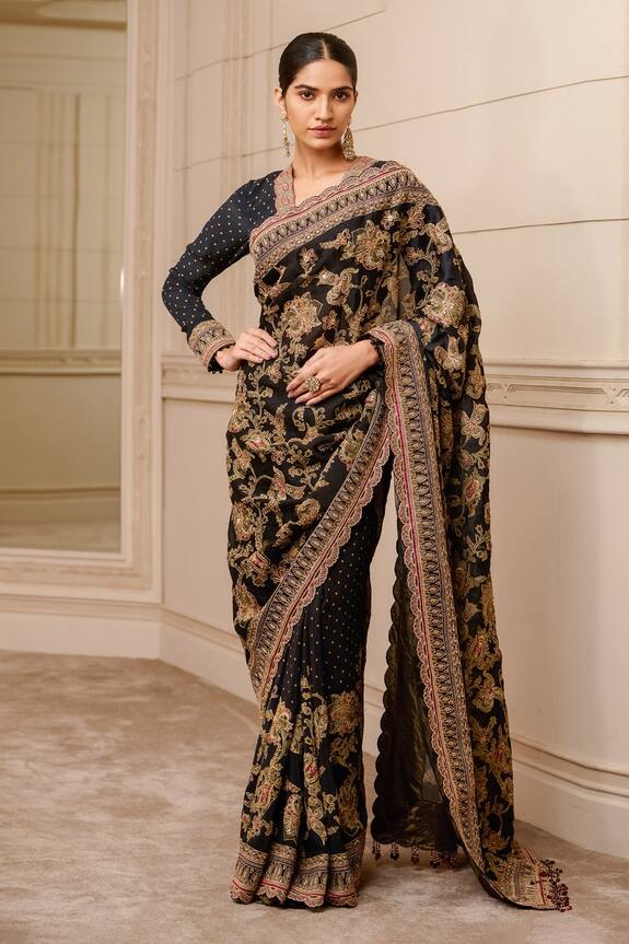 Tarun Tahiliani Black Saree- Silk Satin Floral Embroidered Saree With Blouse 0