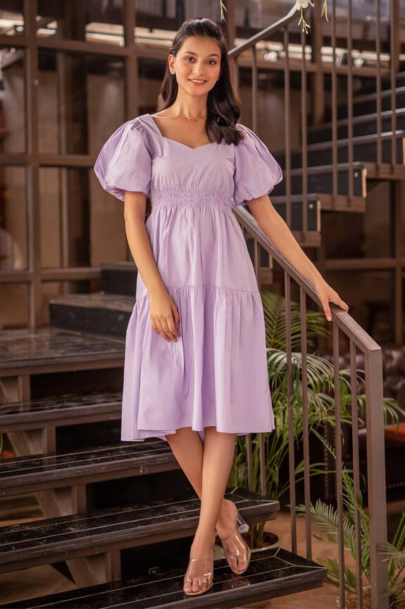 Buy B'Infinite Purple Cotton Puffed Sleeve Dress Online | Aza Fashions