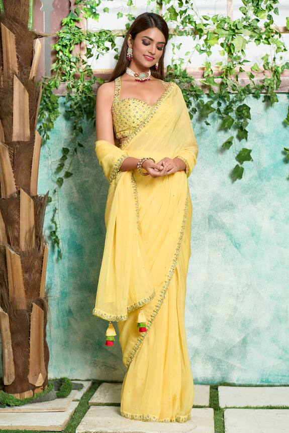 Ariyana Couture Yellow Viscose Organza Pre-draped Saree With Halter Neck Blouse 1