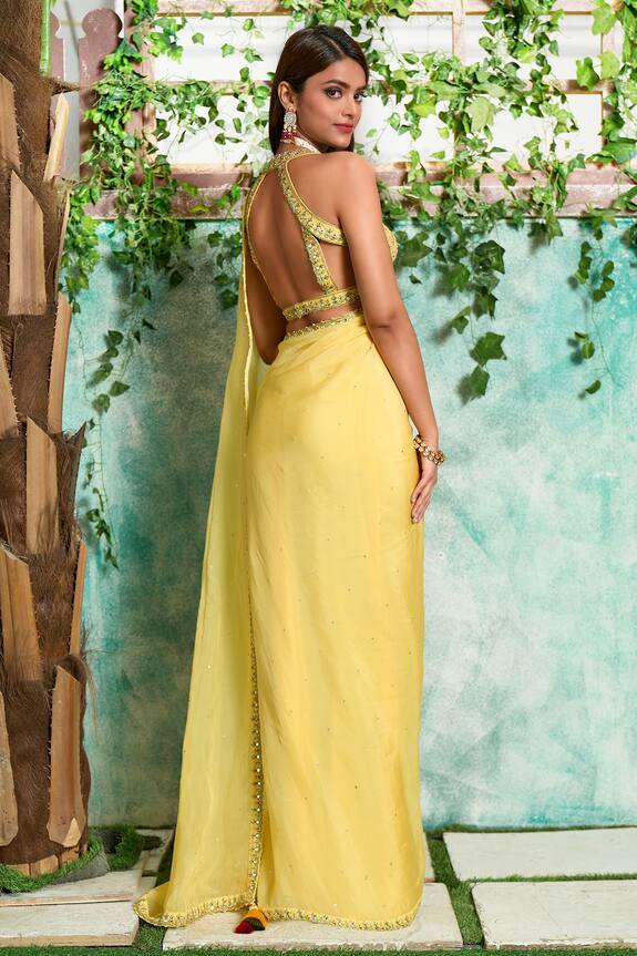 Ariyana Couture Yellow Viscose Organza Pre-draped Saree With Halter Neck Blouse 2