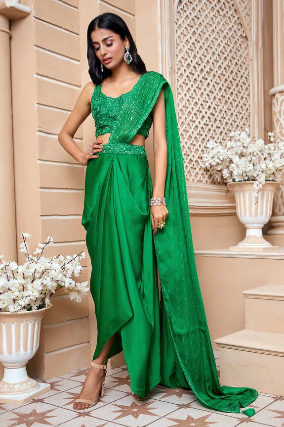 Ariyana Couture Green Modal Satin Draped Saree With Cutwork Blouse 1