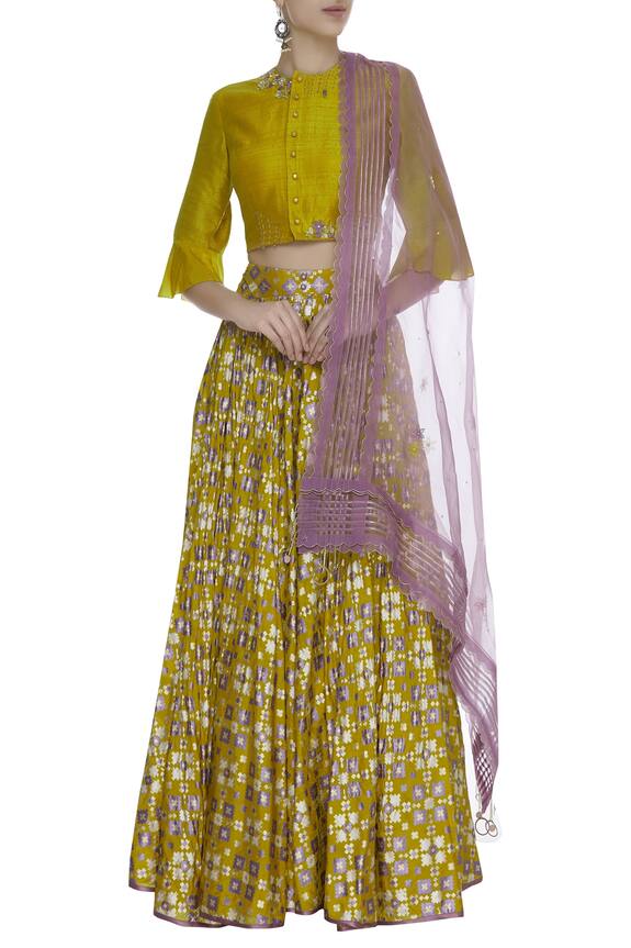I am Design Yellow Brocade Lehenga With Embroidered Top And Dupatta 1