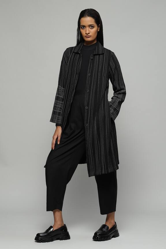 Buy Abraham & Thakore Black Wool Crepe Thread Embroidered Jacket Online ...