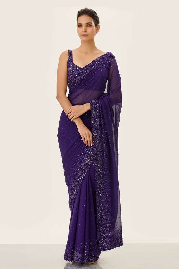 Buy Nakul Sen Purple Chiffon Sequin Embellished Saree With Blouse ...
