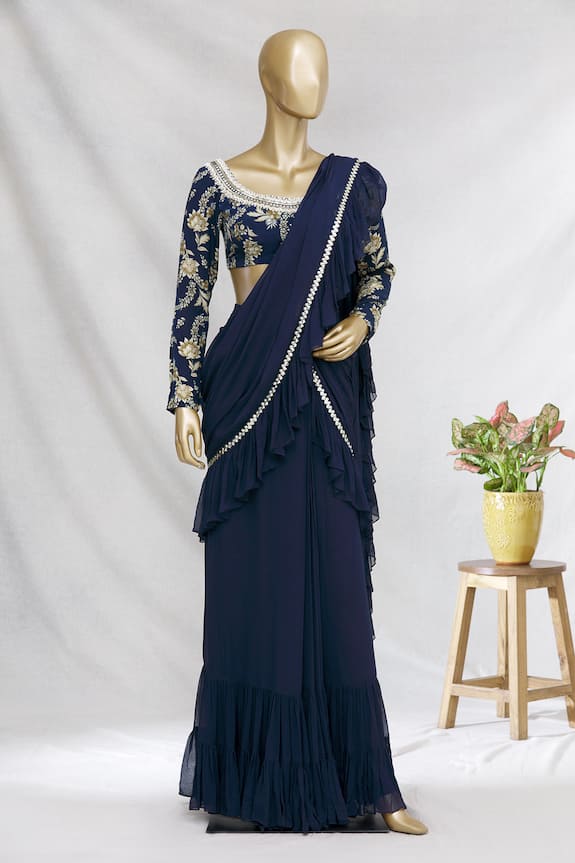 Chhavvi Aggarwal Blue Pre-draped Ruffle Saree With Blouse 1
