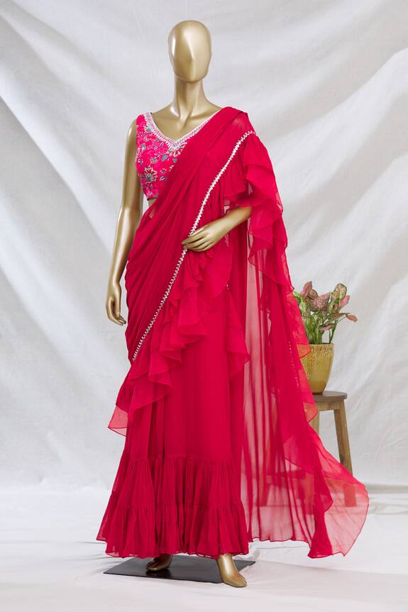 Chhavvi Aggarwal Red Pre-draped Ruffle Saree With Blouse 1