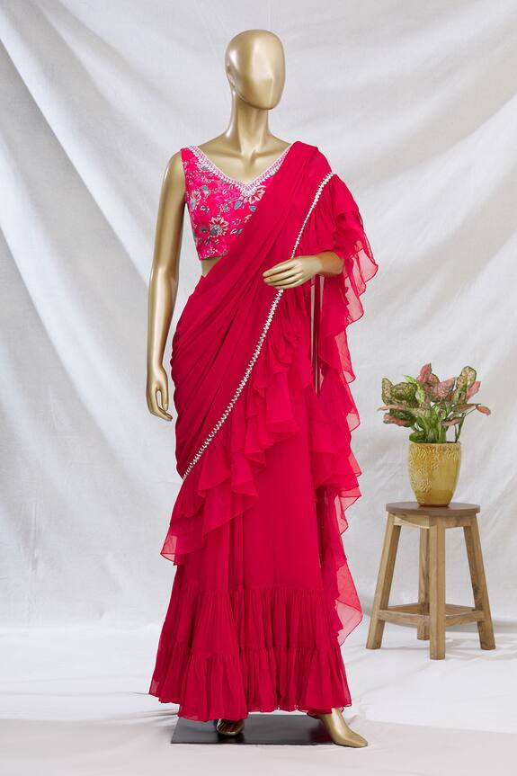Chhavvi Aggarwal Red Pre-draped Ruffle Saree With Blouse 3