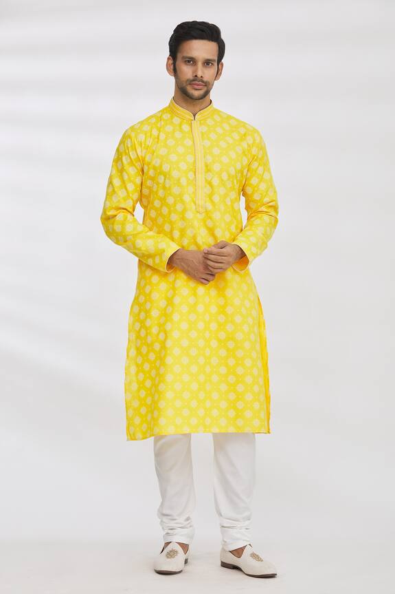 Aryavir Malhotra Yellow Handloom Cotton Floral Print Kurta Set 0