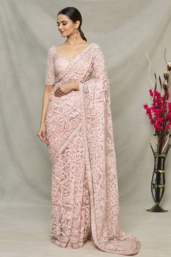 Seema Gujral Pink Floral Applique Saree With Blouse 1