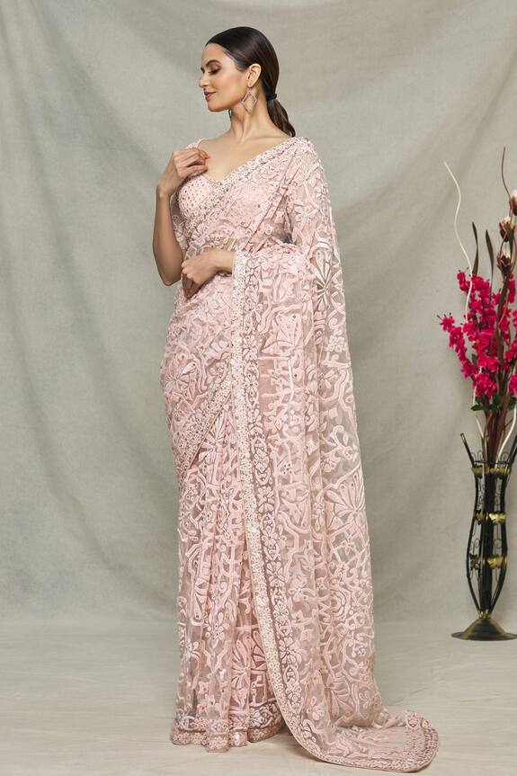 Seema Gujral Pink Floral Applique Saree With Blouse 3