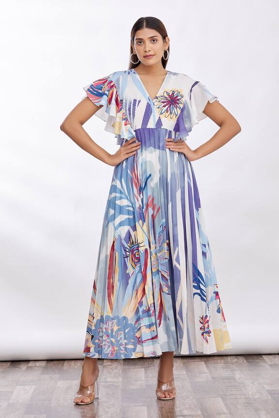 Geisha Designs Multi Color Ruffle Sleeve Pleated Dress 1
