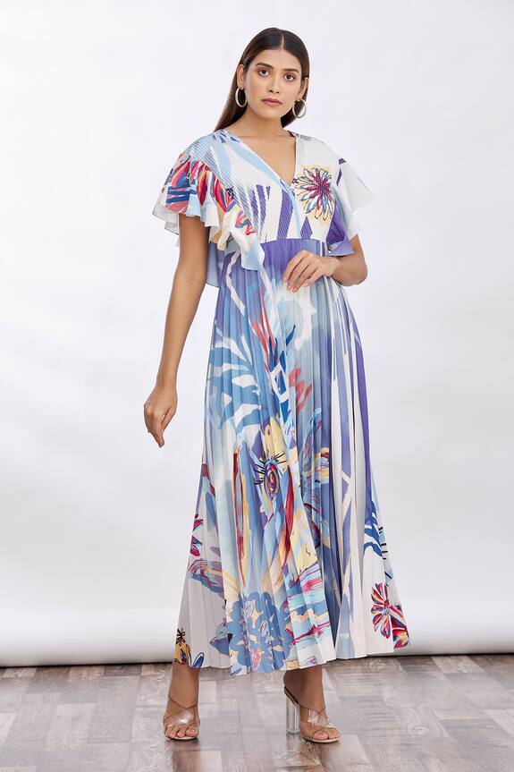 Geisha Designs Multi Color Ruffle Sleeve Pleated Dress 4