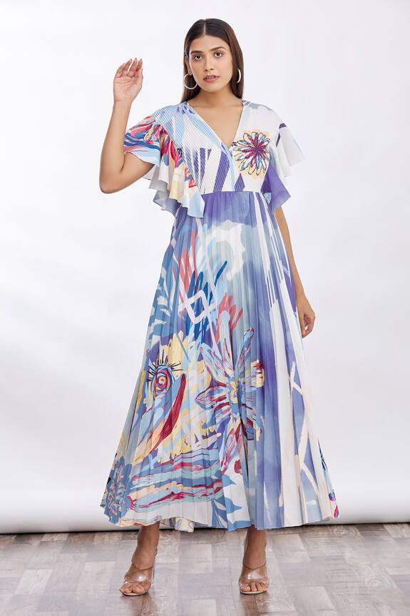 Geisha Designs Multi Color Ruffle Sleeve Pleated Dress 5