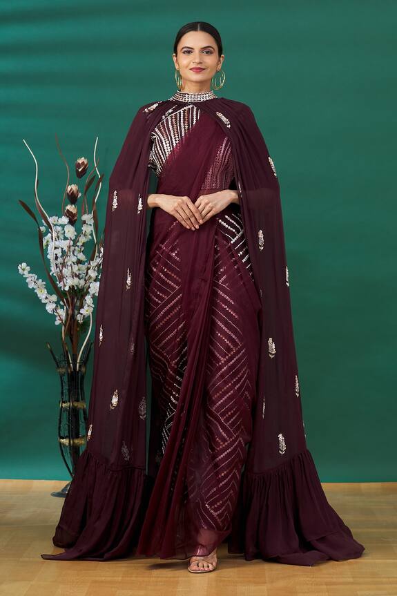 Pink Peacock Couture Purple Cape And Embroidered Pant Saree Set 1