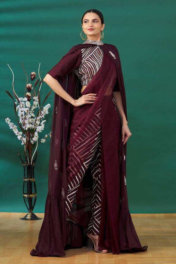 Pink Peacock Couture Purple Cape And Embroidered Pant Saree Set 3