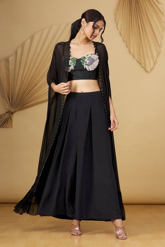 Rajat K Tangri Black Georgette Long Cape And Pleated Palazzo Set 1