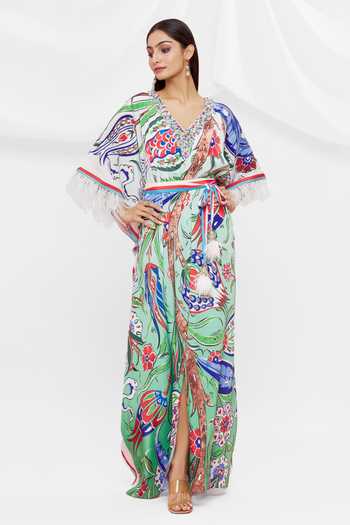 White Rayon Crepe Elegant Floral Kaftan For Women