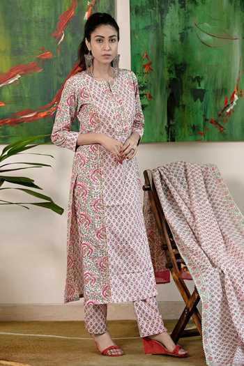 MULMUL AYAAN FLORAL JAAL HAND BLOCK PRINTED KURTA-PANT SET main image 1