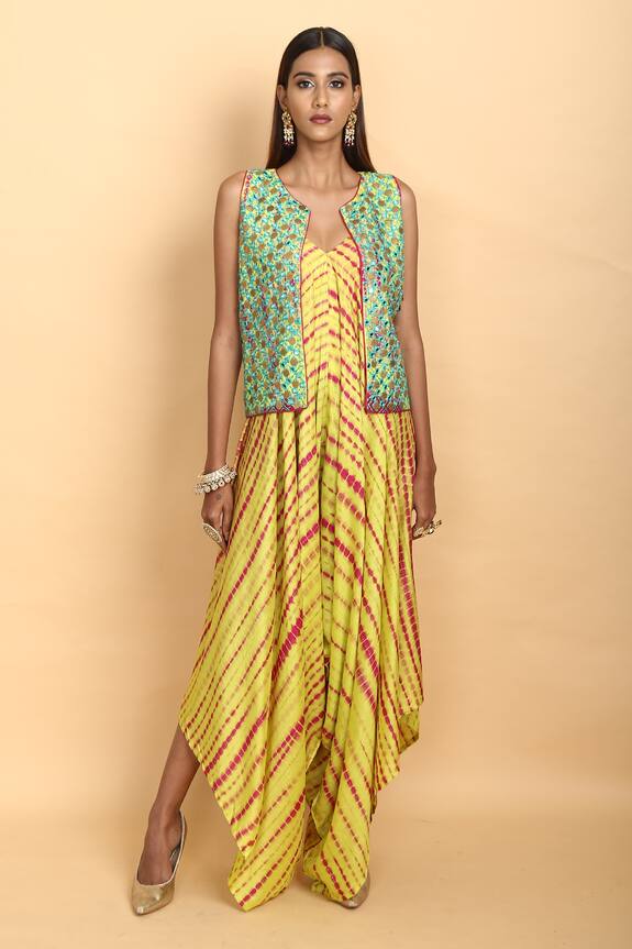 Buy Vikram Phadnis Green Silk Tie Dye Jumpsuit With Jacket Online Aza