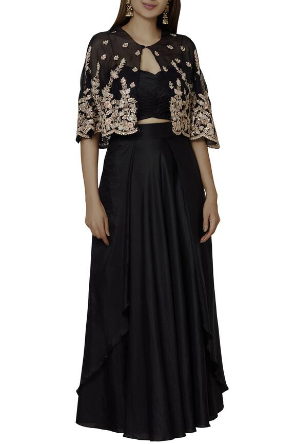 Buy Pleats By Kaksha And Dimple Black Silk Embroidered Cape Lehenga Set Online Aza Fashions