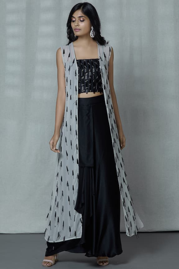 Buy Ariyana Couture Black Georgette Embellished Jacket Skirt Set Online ...