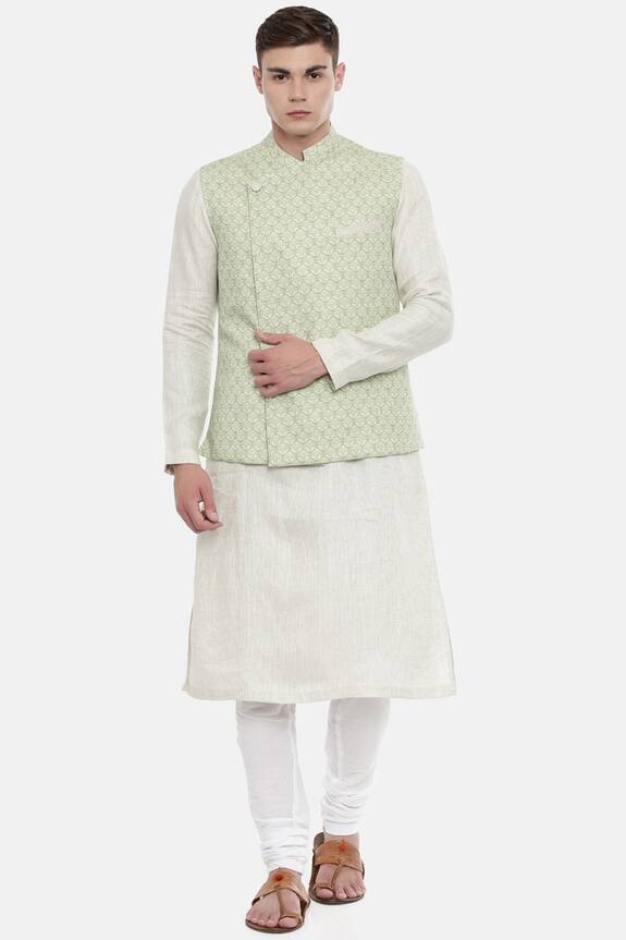 Mayank Modi - Men Green Linen Nehru Jacket 0