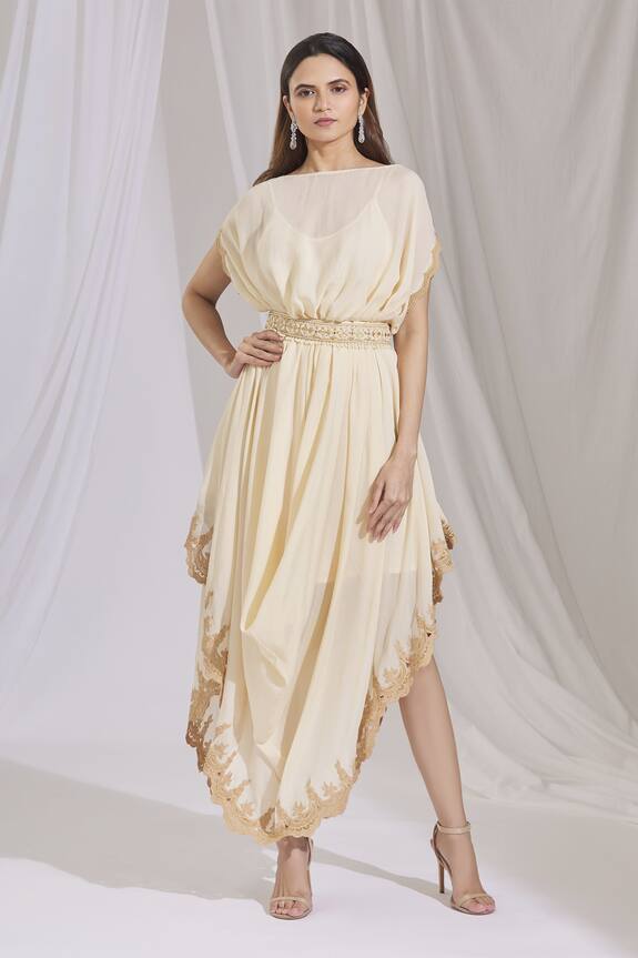 Ariyana Couture Beige Chinon Cowl Draped Dress 4