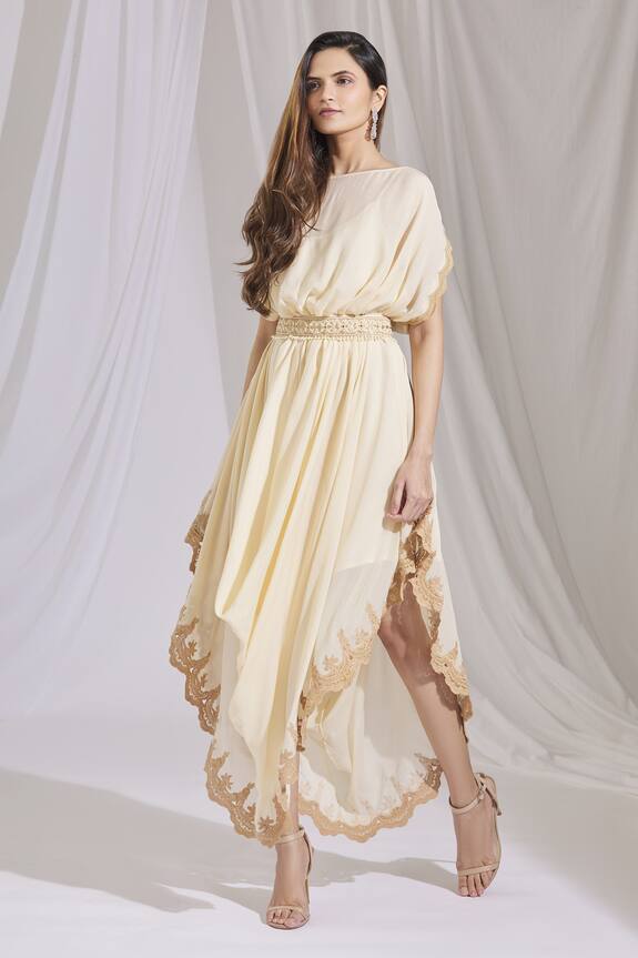 Ariyana Couture Beige Chinon Cowl Draped Dress 1