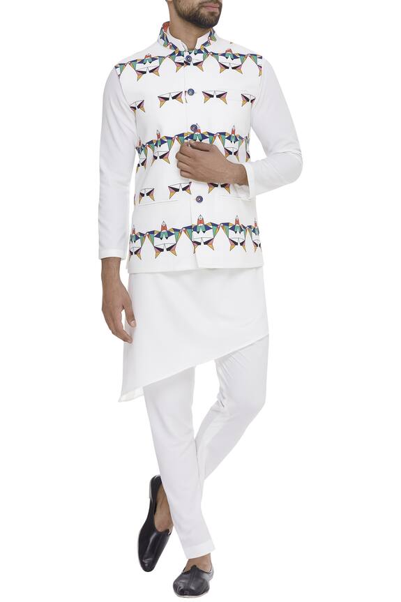 Nautanky White Geometric Digital Printed Nehru Jacket 0