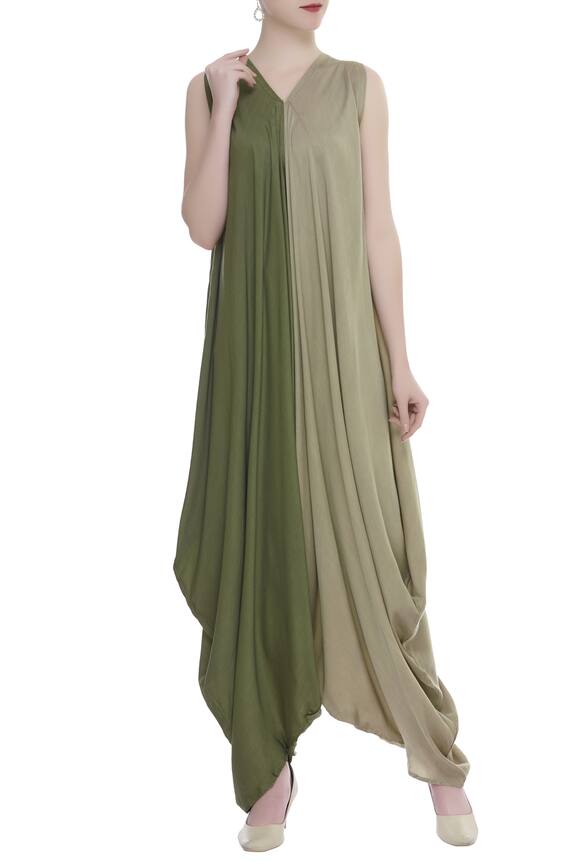 Buy Ezra Green Cotton Satin Jumpsuit Online | Aza Fashions