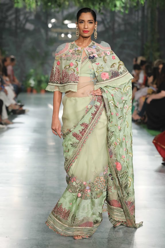 Buy Rahul Mishra Green Hand Embroidered Saree Online | Aza Fashions