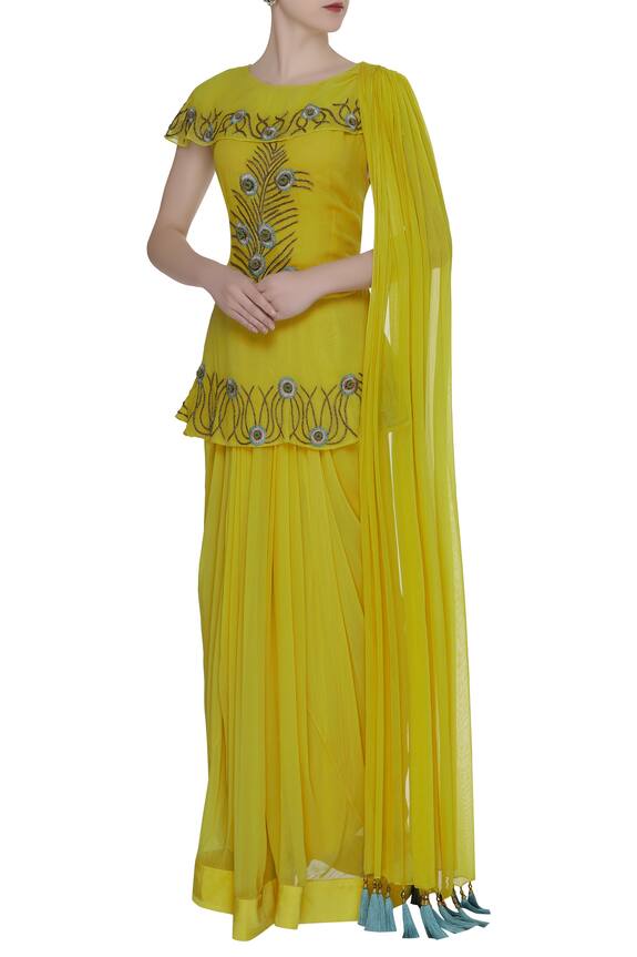 Ridhi Arora Yellow Peplum Attached Draped Blouse With Pleated Lehenga 0