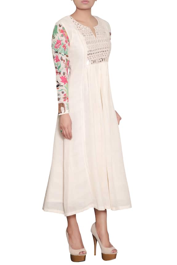 Buy Purvi Doshi Off White Mirror Embroidered Front Gathered Dress ...