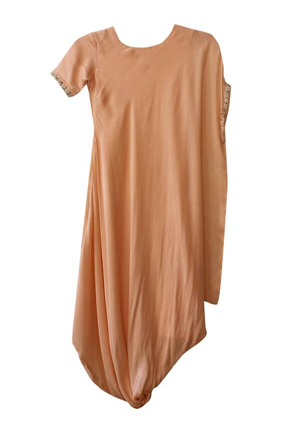 PWN Peach Cowl Draped Pearl Embroidered Dress For Girls 0