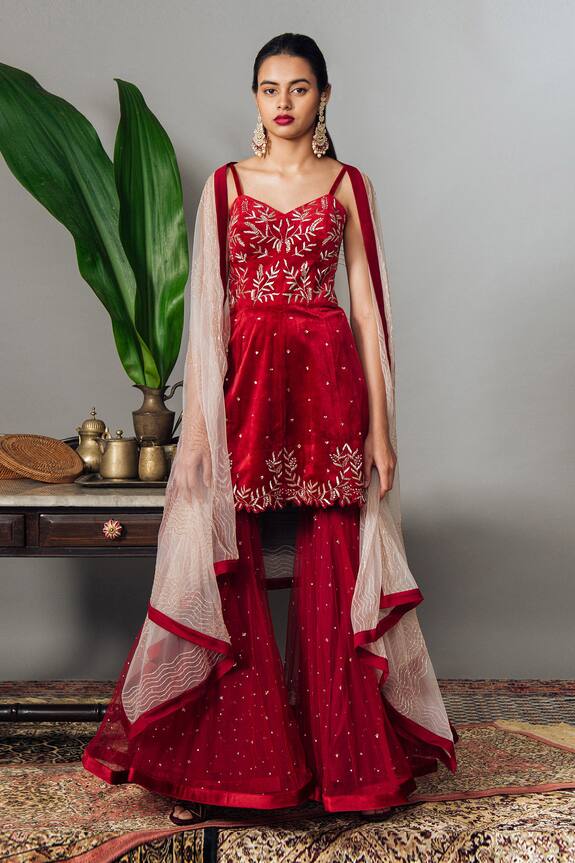 Mishru Embroidered Peplum Kurta Sharara Set 0