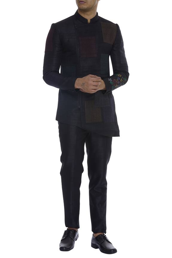 Manish Nagdeo Black Embroidered Asymmetric Zipper Bandhgala With Pants 1