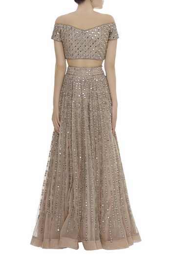 Buy Ayushi Bhasin Beige Net Mirror Embellished Lehenga Set Online Aza Buy Ayushi Bhasin Beige Net Mirror Embellished Lehenga Set Online Aza