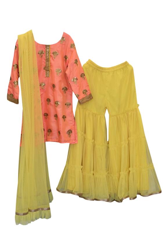 Kids Lane Yellow Floral Sequins Embroidered Kurta Sharara Set For Girls 0